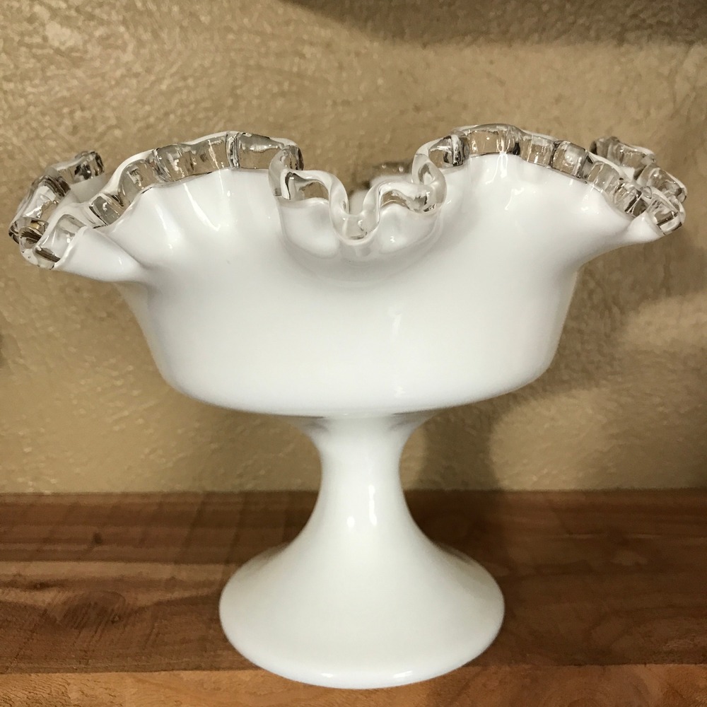 Fenton Compote White Silver Crest Ruffled‎ Milk Glass Vintage Candy Dish MCM